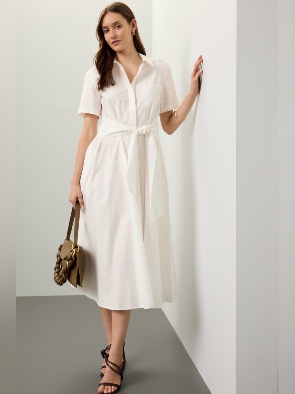 TOCCIN White Megan Short Sleeve Tie-Front Midi Shirt Dress Size XS